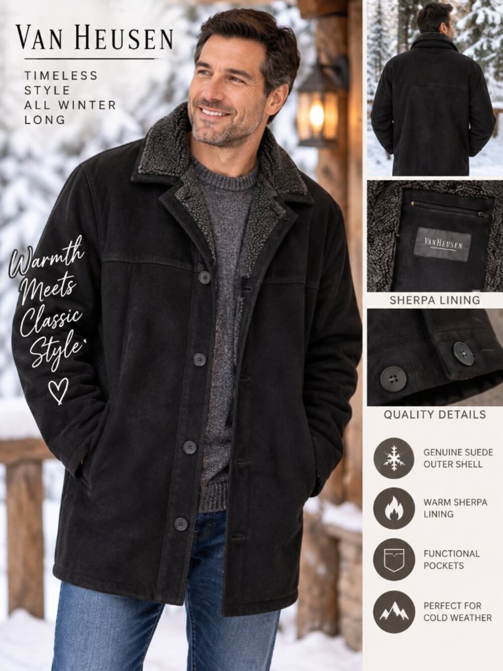 Van Heusen Black Genuine Suede Sherpa Lined Winter Coat XXL